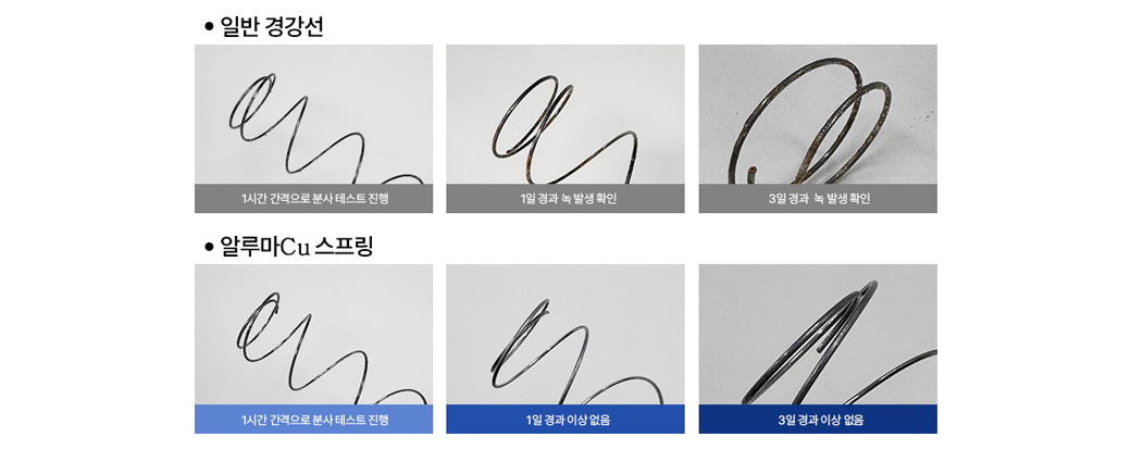 내식성 테스트 결과 — 일반 경강선과 알루마Cu 스프링 비교